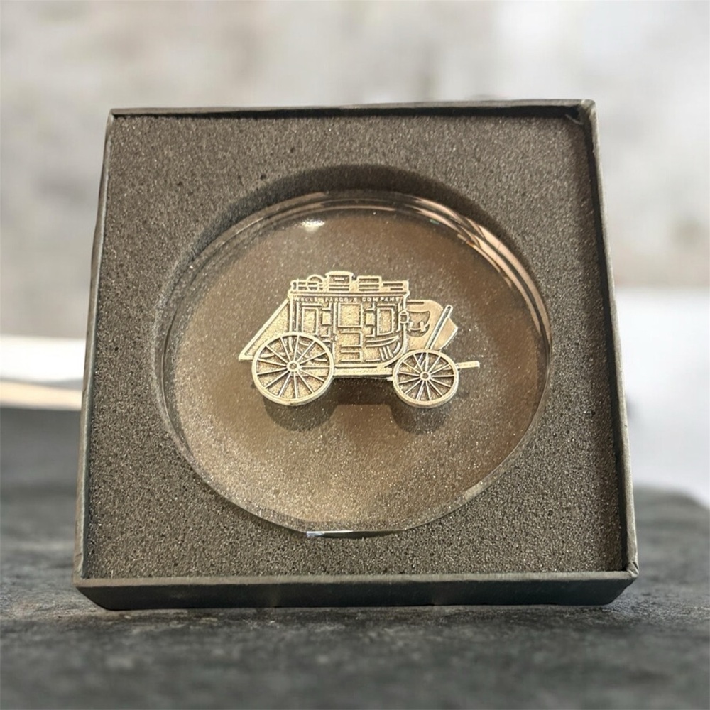 Glass Wells Fargo Silver Stagecoach Paperweight
